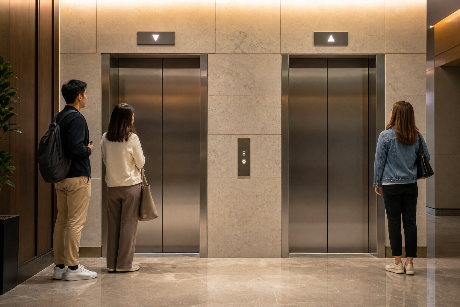 Illustrative duplex elevator control lobby with two cars sharing one hall call station