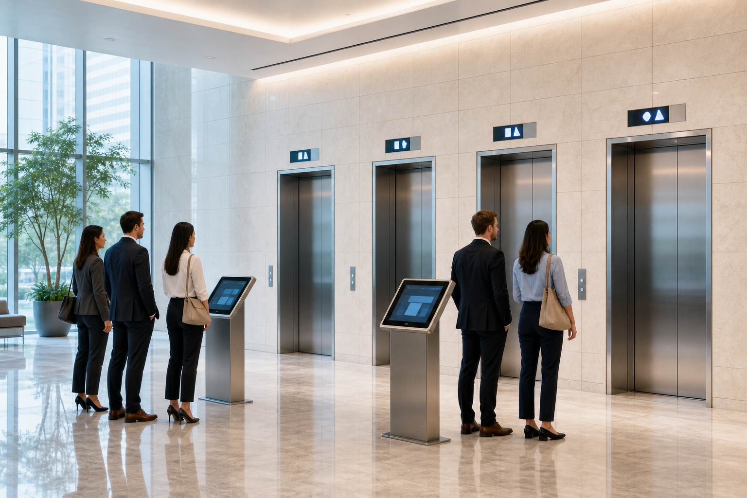 Illustrative office elevator group control lobby with four cars and destination-selection kiosks