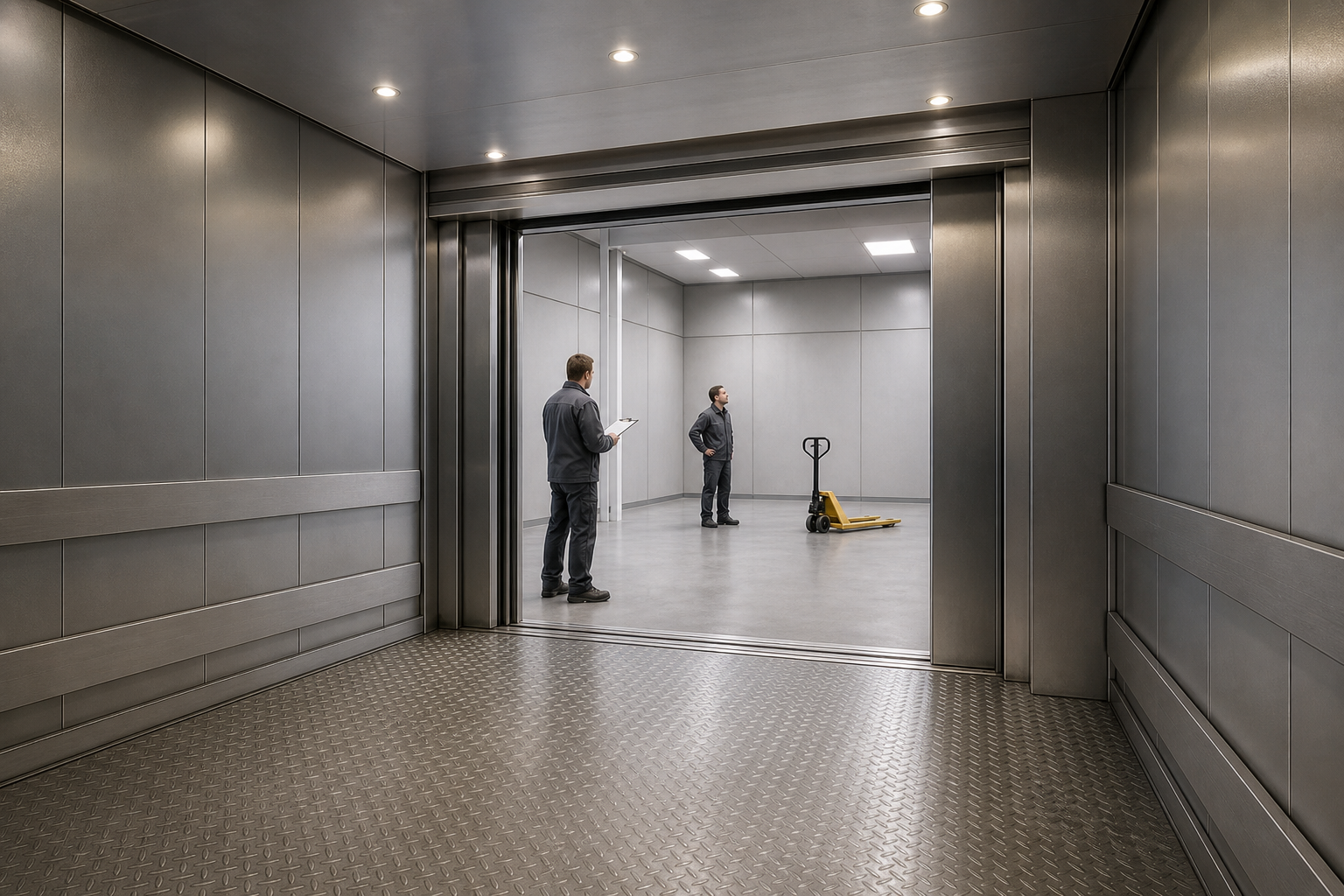 Illustrative industrial freight lift interior with protective wall rails, textured floor and wide doorway as planners assess the landing space