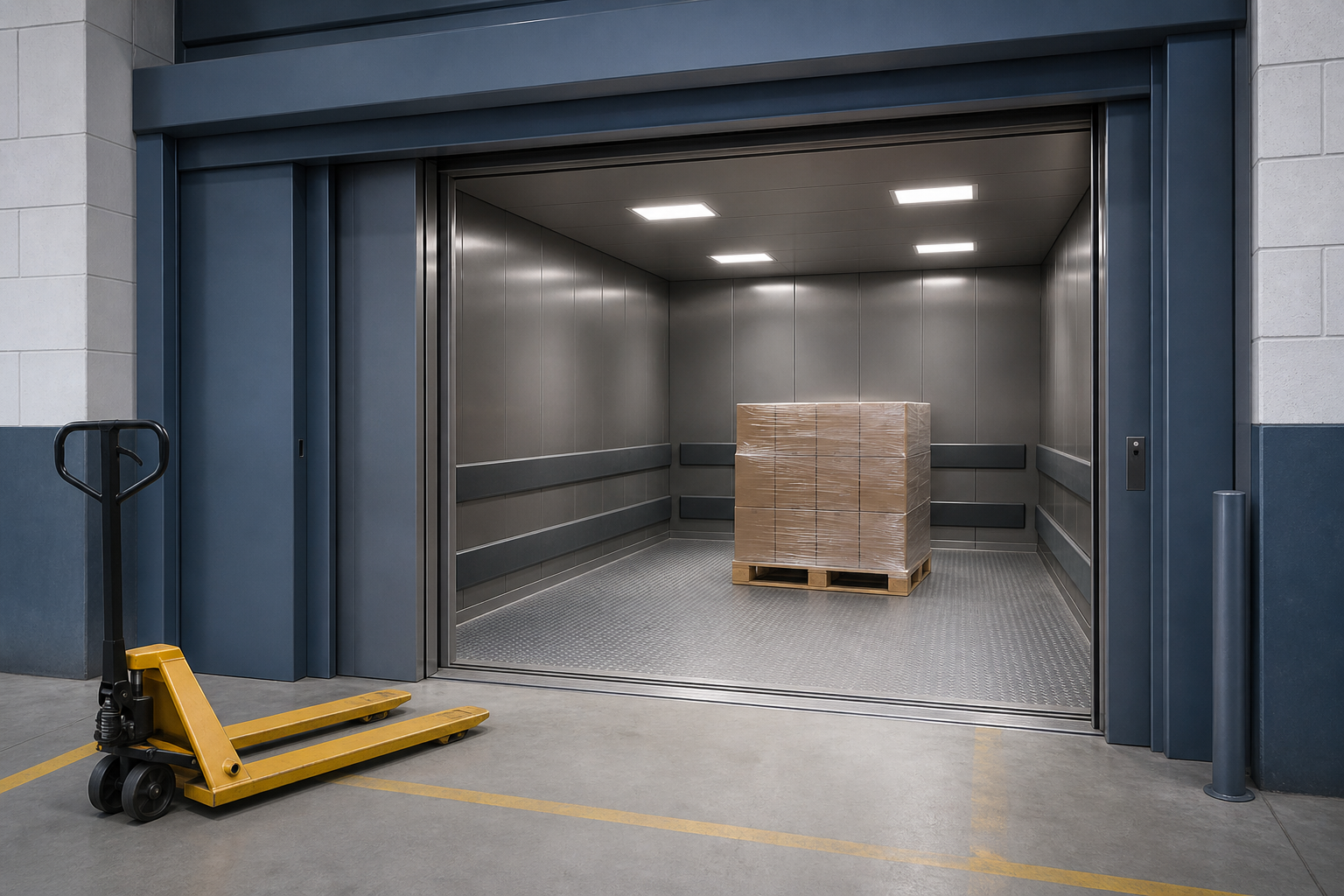 Illustrative factory freight elevator with a pallet load inside and a manual pallet truck parked on the landing
