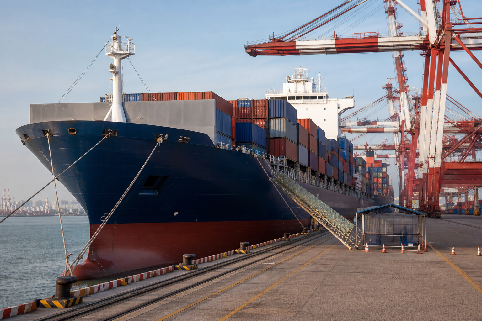 Foreign-flag container vessel berthed at a China port while marine elevator repair attendance is prepared