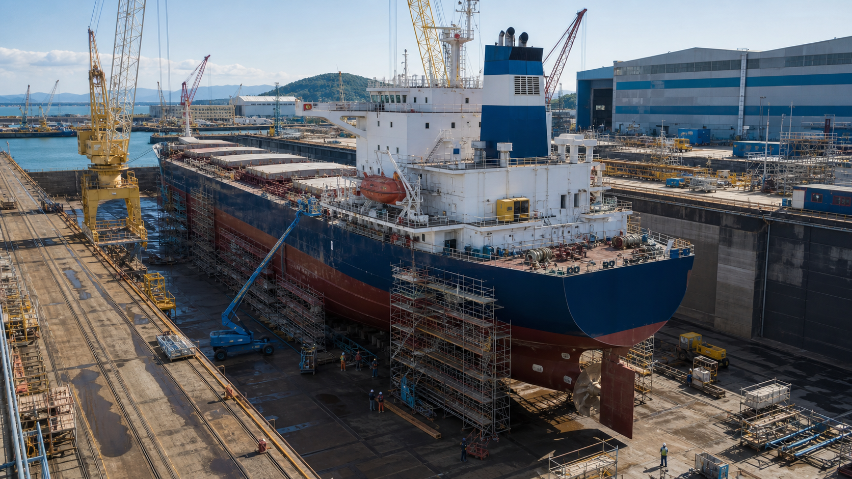 Large commercial vessel in shipyard dry dock during marine elevator overhaul planning