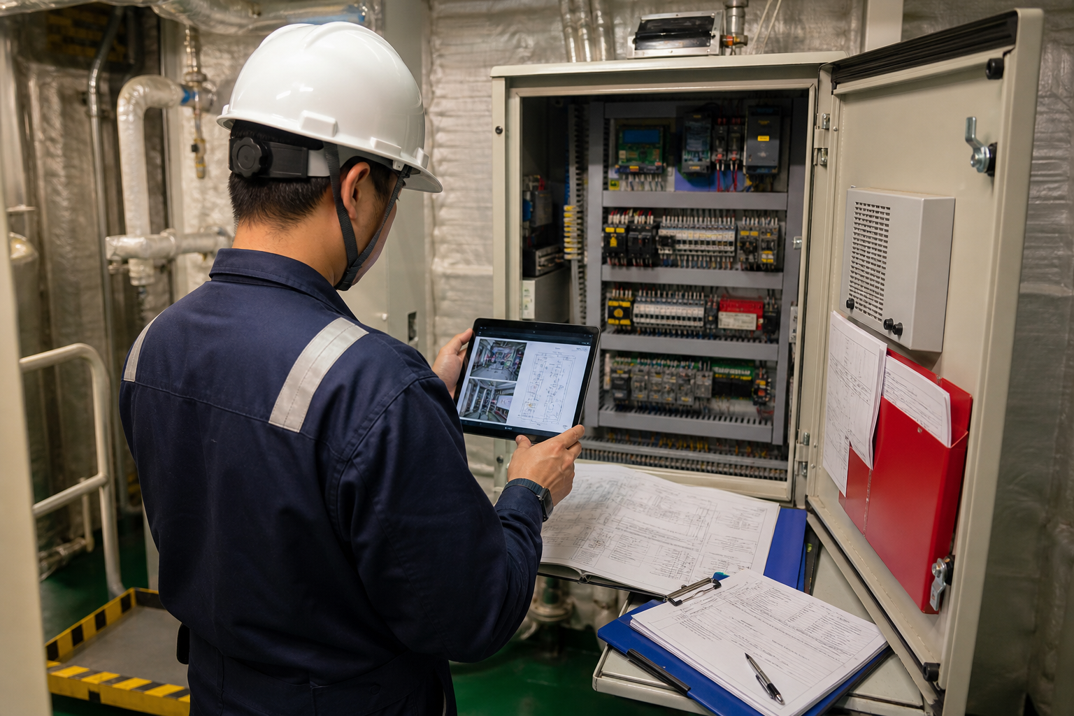 Marine elevator repair engineer reviews drawings, records and fault images at the control cabinet