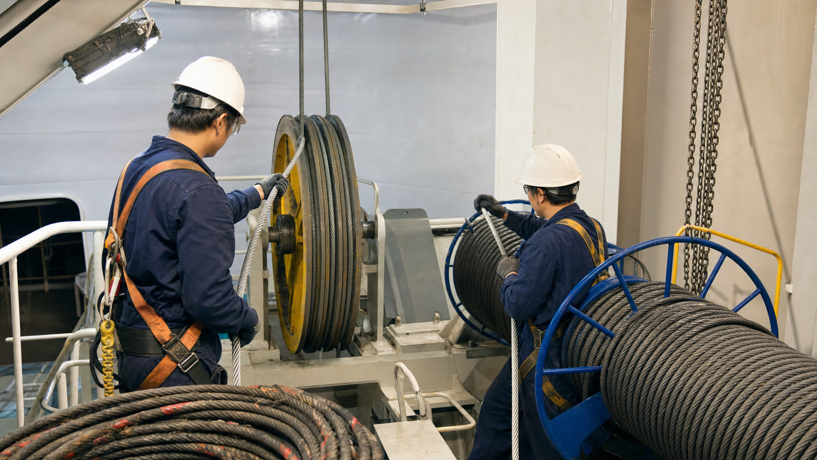 Engineers replacing steel wire hoist ropes during marine elevator overhaul